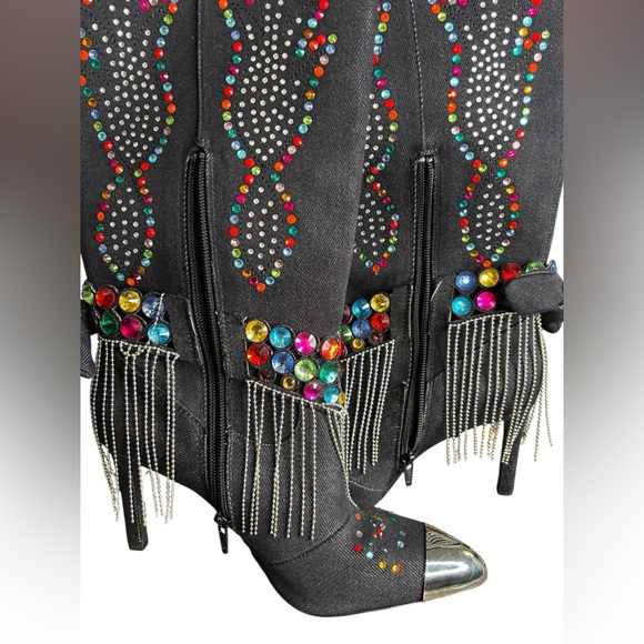 Gianni Bini Kaitrin Rainbow Rhinestone Fringe Bandana Boots Black Denim SZ 8 - Picture 9 of 11
